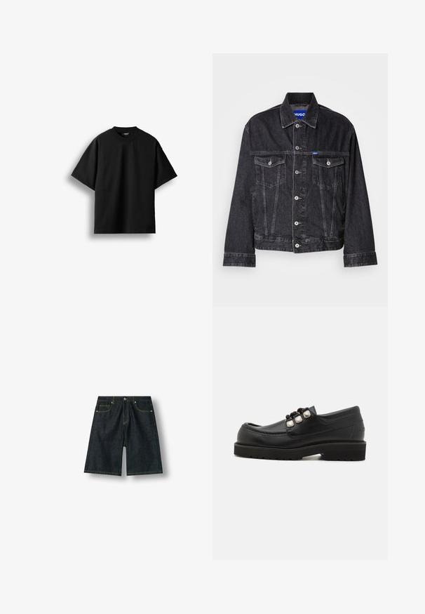 Veste en denim noir avec col pointu, fermeture à boutons sur le devant, deux poches poitrine et coutures contrastantes.; T-shirt noir à manches courtes et col rond, présenté à plat sur un fond blanc avec une petite étiquette visible au niveau du col.; Short en denim foncé longueur genou avec surpiqûres jaunes, bouton devant, braguette zippée et design cinq poches sur fond blanc.; Mocassins en cuir noir avec un bout arrondi, présentant trois accents métalliques et une semelle texturée pour une meilleure adhérence. Tige lisse et détails cousus.