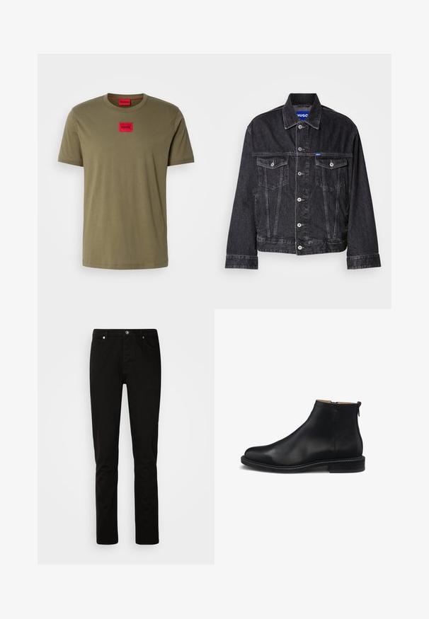 Schwarze Jeansjacke mit spitzem Kragen, vorderem Knopfverschluss, zwei Brusttaschen und kontrastierenden Nähten.; Olivegrünes Baumwoll-T-Shirt mit Rundhals, kurzen Ärmeln und einem roten quadratischen Logo-Patch auf der Brust. Glatte Textur.; Schwarze Denim-Hose im Slim-Fit, mit Reißverschluss und Five-Pocket-Design. Gleiche Textur und robuste Nahtdetails.; Schwarzer Leder-Stiefelette mit seitlichem Reißverschluss, glattem Obermaterial, niedrigem Blockabsatz und Zuglasche hinten, seitlich auf weißem Hintergrund dargestellt.