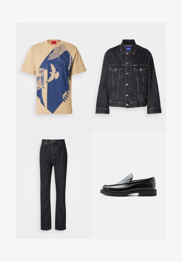 Zwarte denimjack met een puntige kraag, sluiting met knopen aan de voorkant, twee borstzakken en contrasterende stiksels.; Beige katoenen t-shirt met een blauw geometrisch patroon en een vogelontwerp. Rode label met "HUGO" bij de hals. Korte mouwen, ronde hals.; Hoge taille zwarte denim jeans met een knoop- en ritssluiting, voor- en achterzakken en een rechte pasvorm.; Zwarte leren loafer met dikke rubberen zool, gestikte bovenkant en gegraveerde merknaam op de hiel, zijaanzicht op witte achtergrond.