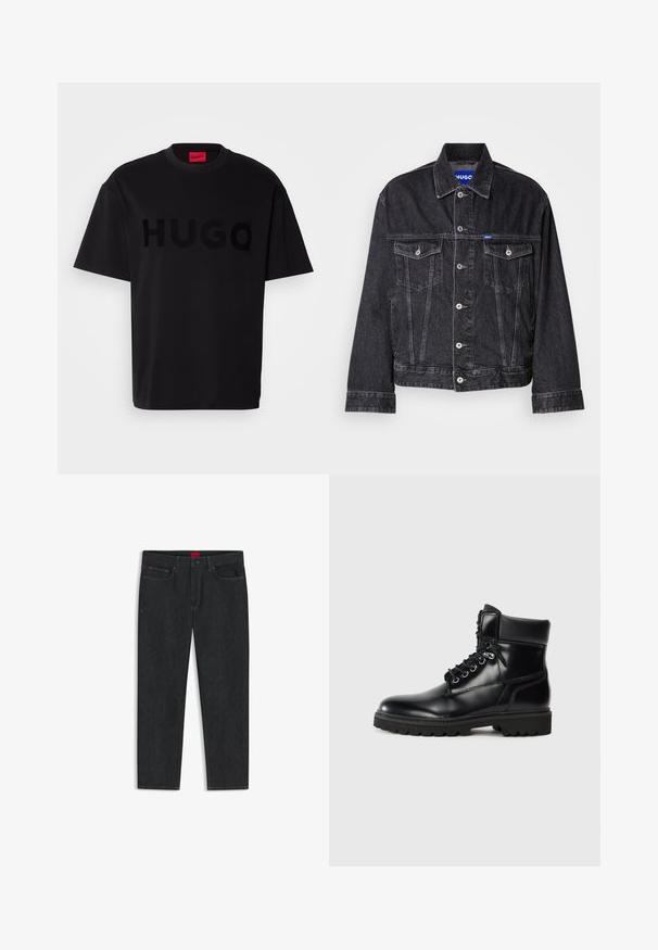 Sort denimjakke med spids krave, frontknaplukning, to brystlommer og kontrasterende syninger.; Sort bomulds t-shirt med korte ærmer, rund hals, med et stort, blankt sort "HUGO" logo på forsiden. Glat tekstur.; Mørkeblå jeans i denim med lige ben, der har en rød mærkelap ved linningen og minimal syningsdetalje.; Sort læder ankelstøvle med en blank finish, snørelukning, polstret krave og en robust gummisål med skridgreb.