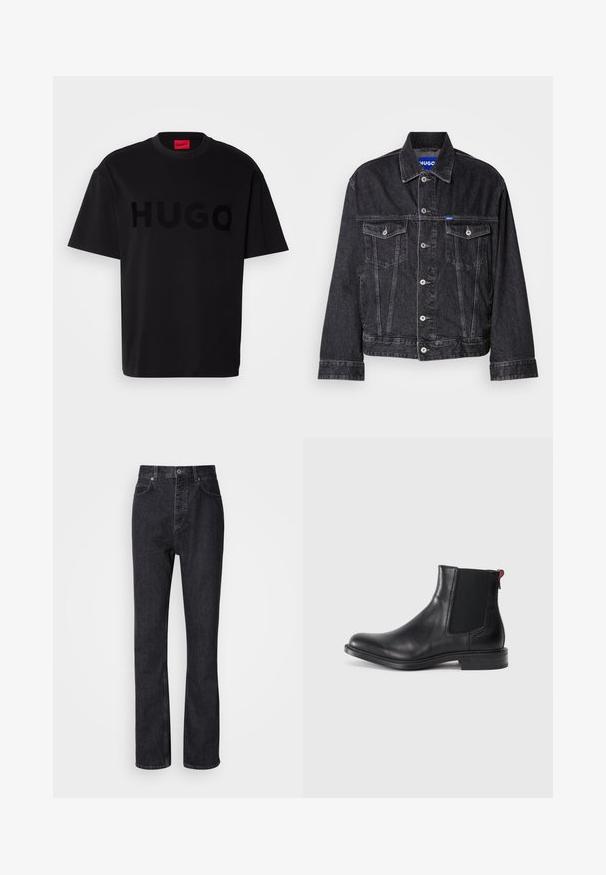 Sort denimjakke med spids krave, frontknaplukning, to brystlommer og kontrasterende syninger.; Sort bomulds t-shirt med korte ærmer, rund hals, med et stort, blankt sort "HUGO" logo på forsiden. Glat tekstur.; Høj talje sorte denim jeans med knap- og lynlåsåbning, for- og baglommer samt lige ben.; Sort læder Chelsea-støvle med elastiske sidepaneler, afrundet tå og lav, stablet hæl. Har en rød løftestrop og subtil branding på siden.