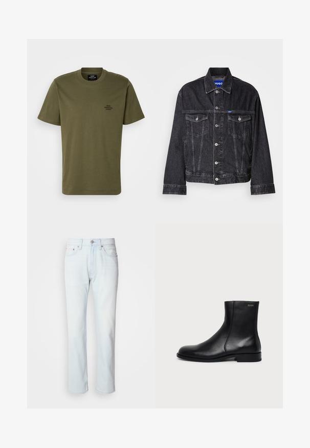 Schwarze Jeansjacke mit spitzem Kragen, vorderem Knopfverschluss, zwei Brusttaschen und kontrastierenden Nähten.; Olivegrünes Kurzarm-T-Shirt aus Baumwolle mit Rundhalsausschnitt und kleinem gesticktem Logo auf der linken Brust. Glatte Textur.; Hellblaue Jeans mit geradem Bein. Verfügt über einen Knopfverschluss und Gürtelschlaufen, präsentiert eine ausgebleichte Textur und minimale Nähte.; Schwarzer Leder-Stiefelette mit niedrigem Absatz, seitlichem Reißverschluss und kleinem "HUGO"-Logo nahe dem oberen Rand auf hellem einfarbigem Hintergrund.