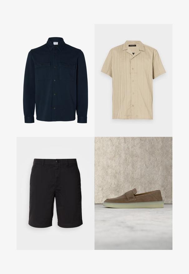 Skjortejakke i mørk marineblå med lange ærmer, krave og to brystlommer med knapklapper.; Kortærmet beige skjorte med lodret ribbet struktur, krave-design, knaplukning og en afslappet pasform.; Sorte shorts lavet af letvægtsstof, med knaplukning, standard talje og lige snit. Ingen mønstre eller synlige detaljer.; Beige ruskind slip-on loafer med hvid gummisål og BOSS-logo på sidestroppen, vist mod en ensfarvet neutral baggrund.
