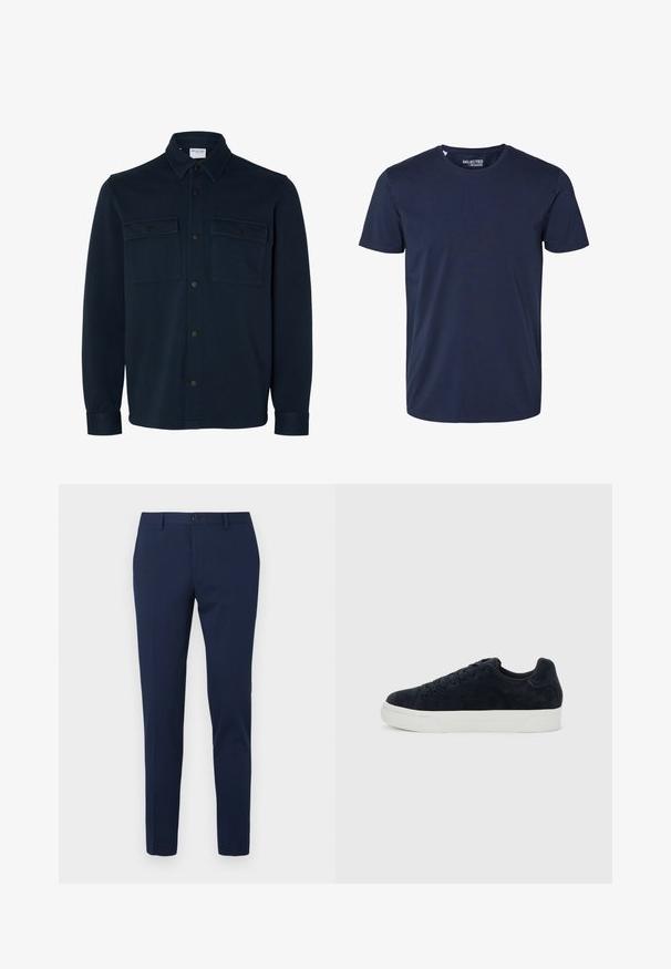 Veste-chemise bleu marine foncé à manches longues, avec col et deux poches poitrine à rabats boutonnés.; T-shirt bleu foncé uni à manches courtes et col rond, avec une petite étiquette de marque visible à l'intérieur du col.; Pantalon habillé bleu marine à coupe droite, confectionné dans un tissu lisse. Il est doté d'une fermeture frontale par bouton et de deux poches latérales.; Baskets basses en daim noir avec lacets noirs et semelle épaisse en caoutchouc blanc, vues de côté sur un fond gris clair uni.