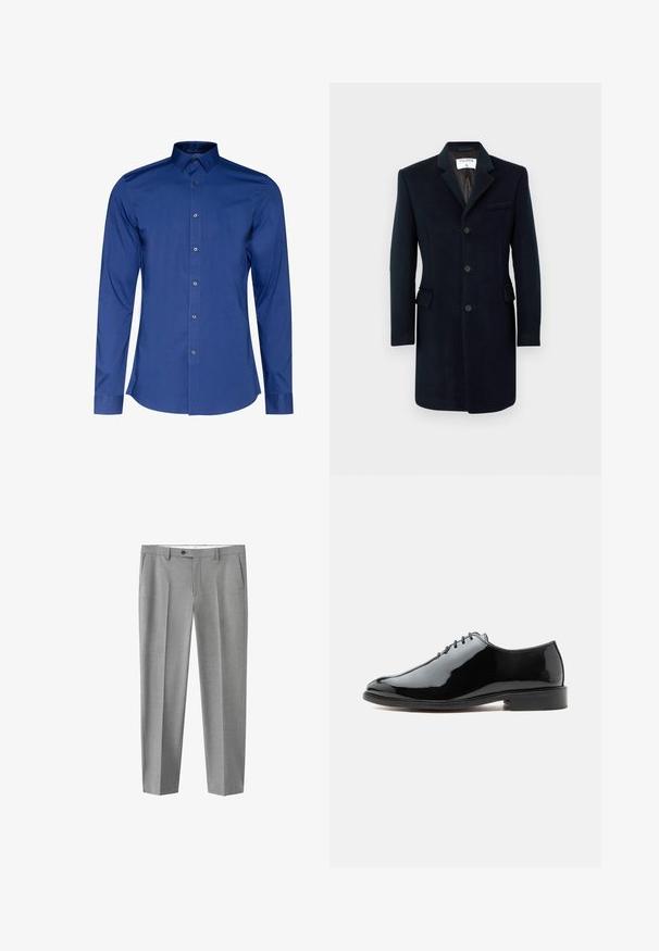Abrigo de lana azul marino con un corte entallado, diseño de un solo botón, solapas con muesca y tres botones. Presenta dos bolsillos laterales y un bolsillo en el pecho.; Camisa de manga larga y cuello en tejido azul oscuro con una textura suave, con cierre de botones en la parte delantera y dobladillo redondeado. Brillo sutil en el tejido.; Pantalones de vestir para hombre en gris claro con trabillas para cinturón, bolsillos delanteros, cierre con botón y cremallera, y pliegues marcados en cada pierna.; Zapato de vestir de cuero negro brillante con cordones cerrados, tacón bajo y puntera lisa y redondeada, mostrado desde el lado exterior sobre un fondo liso.
