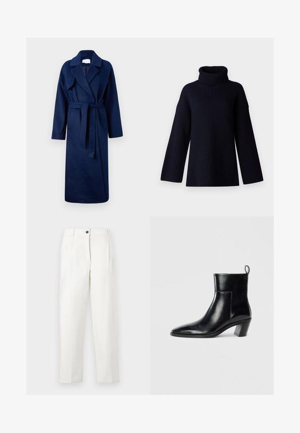 Robe bleu marine à manches longues avec un large col, une taille ceinturée, deux poches avant et un tissu doux et texturé.; Pull à col roulé bleu marine avec texture côtelée, manches larges et coupe décontractée. Matière douce et design minimaliste.; Pantalon blanc taille haute à coupe ajustée, avec plis, fermeture avant par boutons, et jambes droites. Confectionné en tissu lisse.; Bottine en cuir noir avec un bout pointu, un talon empilé géométrique et une languette à l'arrière. Texture lisse et design épuré.