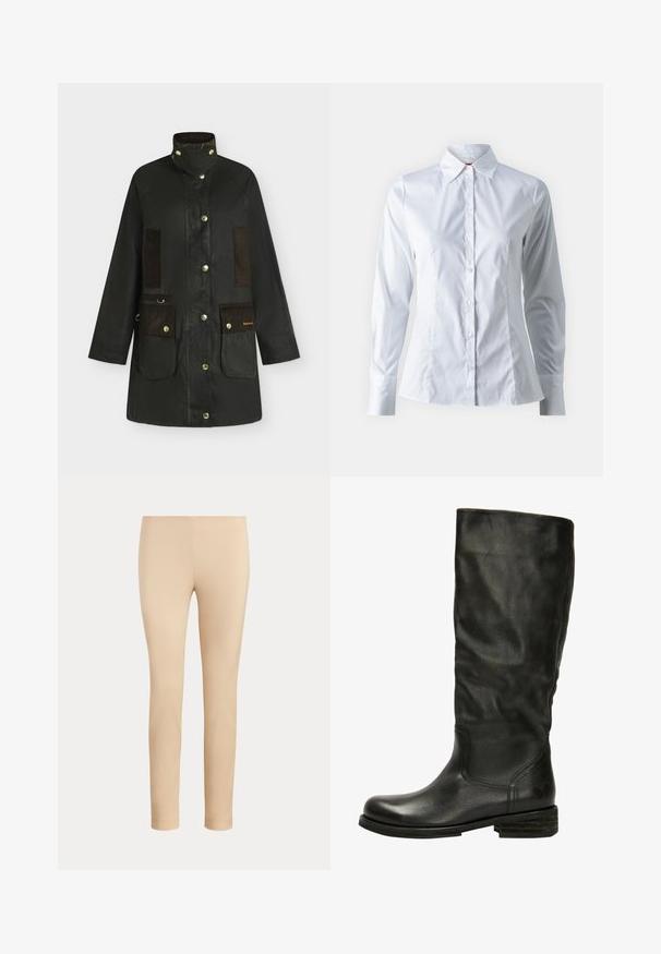Veste en coton ciré Barbour vert foncé avec col montant, fermeture à pressions, multiples poches et détails en velours côtelé marron.; Chemise blanche à manches longues, col pointu, design ajusté, en tissu de coton lisse et fermeture à boutons sur le devant.; Pantalon beige slim fit longueur cheville avec une finition lisse, sans poches visibles ni ornements, sur un fond uni.; Felmini Bottes - black