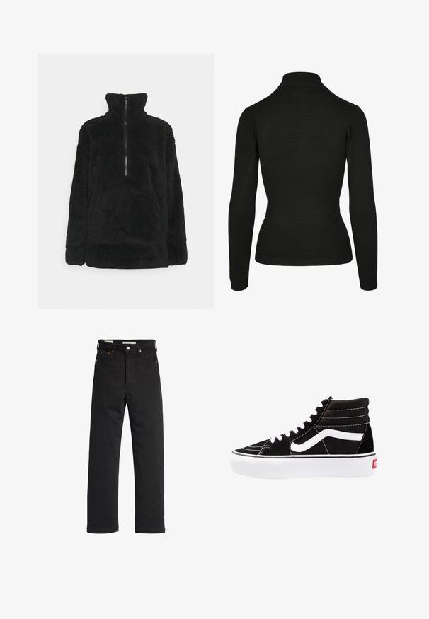 Zwart fleece pullover met een hoge kraag, halve ritssluiting aan de voorkant en een zachte textuur. Voorzien van lange mouwen en een buidelzak aan de voorkant.; Zwarte coltrui van zacht materiaal, met lange mouwen, een geribde halslijn en een aansluitend ontwerp met minimale details.; Zwarte denimjeans met een rechte pijp, voorzien van een hoge taille, vijf zakken, metalen knoopsluiting en minimale stikseldetails.; Zwarte high-top sneakers met witte veters, een wit logo en contrasterende witte stiksels. Heeft een dikke witte zool en een bovenwerk van gestructureerd suede.