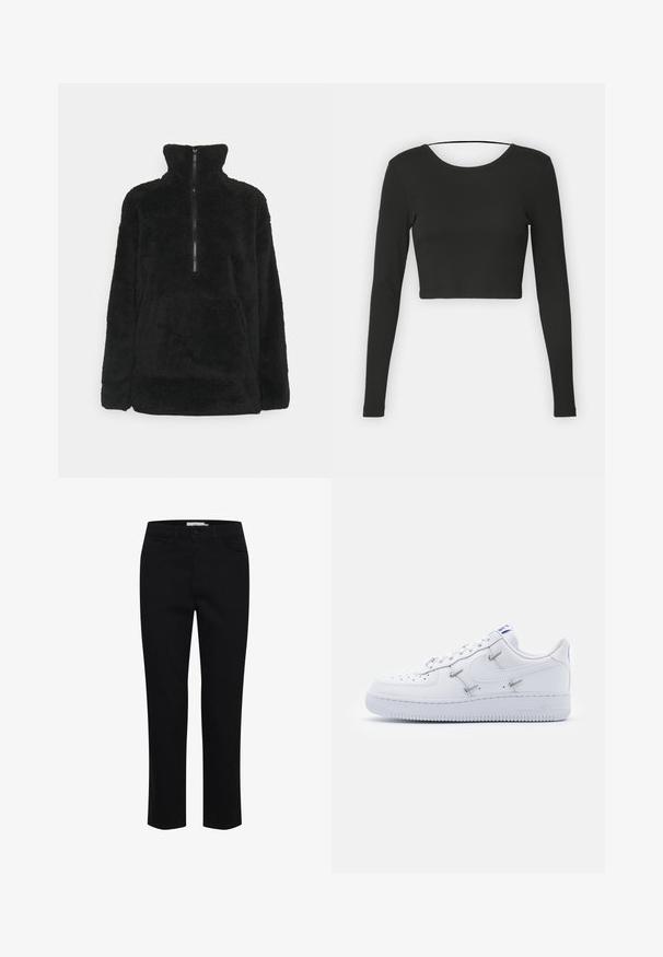 Sort fleece-pullover med høj krave, halv lynlås fortil og blød tekstur. Har lange ærmer og en kengurulomme foran.; Sort langærmet crop top med rund halsudskæring og glat stof. Har et enkelt design uden mønstre eller udsmykninger.; Sorte bomuldsbukser designet med lige pasform. Har fem lommer og en frontknaplukning. Glat tekstur, minimale syninger.; Nike Sportswear AIR FORCE 1 - Sneakers - white/hyper royal/black