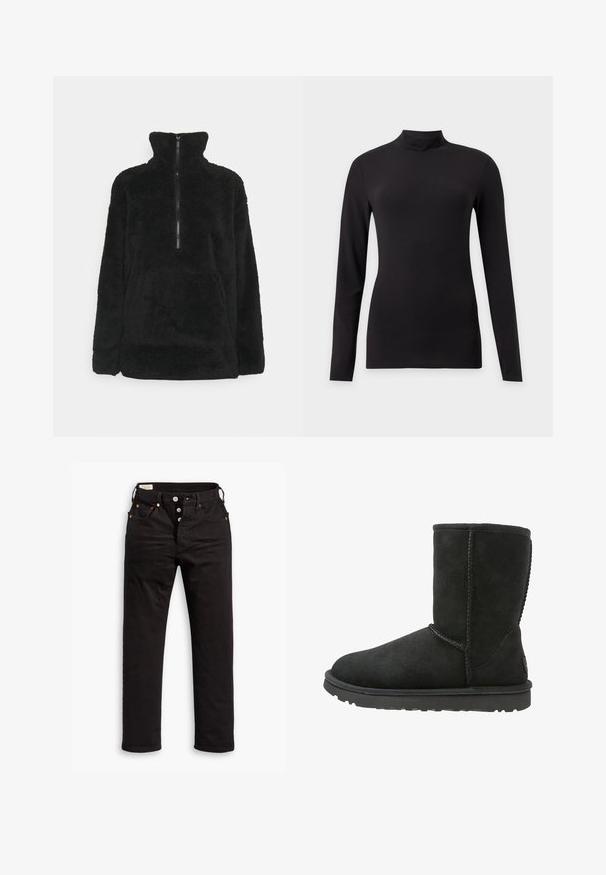 Pull en polaire noir avec un col haut, fermeture éclair à demi à l'avant et texture douce. Présente des manches longues et une poche kangourou à l'avant.; Haut noir ajusté à manches longues avec col montant, présenté sur un fond gris clair uni.; Jean noir à jambe droite avec fermeture à boutons, poches avant et arrière, et détails en rivets cuivrés sur fond blanc.; Bottine en daim noir avec un bout arrondi, des coutures surpiquées et une semelle en caoutchouc plate. Présente un design simple sans embellissements.