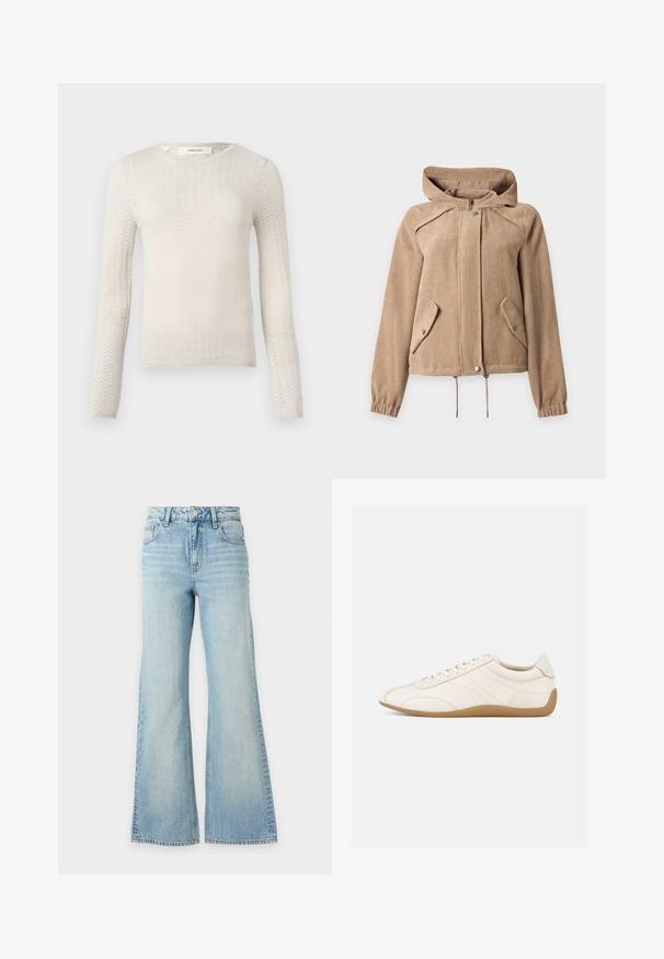 Beige kordfløjsjakke med hætte, lynlås foran, trykknaplukning, to skrå klaplommer, snøre i linningen og elastiske manchetter.; Cremefarvet, langærmet striktrøje med et subtilt chevronmønster og rund halsudskæring, mærket "Selected" ved kraven.; Lyseblå denimjeans med høj talje og vide ben, med for- og baglommer og knaplukning.; Hvid lædersneaker med en glat tekstur, rund tå og tonale syninger. Har en tanfarvet gummisål og snørebånds-lukning.