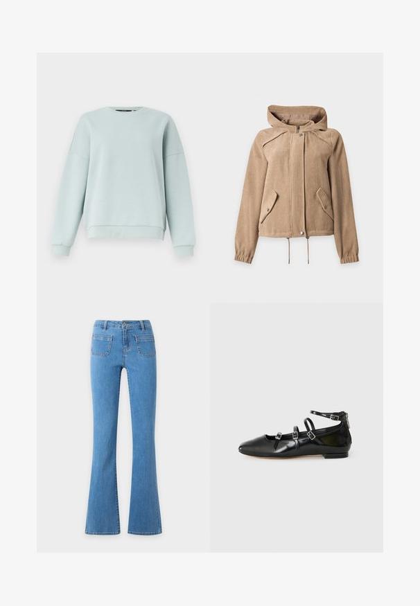 Veste à capuche en velours côtelé beige avec fermeture éclair sur le devant, fermeture par boutons-pression, deux poches à rabat inclinées, ourlet à cordon de serrage et poignets élastiques.; Sweat-shirt à manches longues bleu clair avec col ras du cou, poignets et ourlet côtelés, présenté sur un fond blanc uni.; Jean denim bleu clair taille haute avec un bouton devant, deux poches plaquées à l'avant et un design de jambes évasées.; ALDO NELTA - Ballerines - black