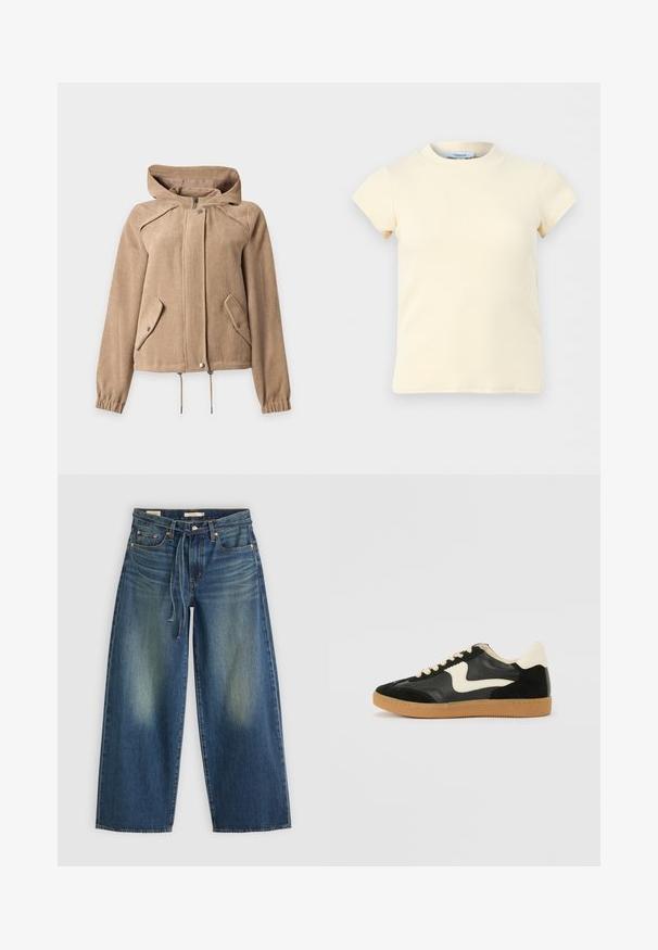 Beige corduroy jas met capuchon, ritssluiting aan de voorkant, drukknoopsluiting, twee schuine klepzakken, trekkoordzoom en elastische manchetten.; Roomkleurige geribbelde top met korte mouwen en een ronde halslijn, gemaakt van stretchstof, afgebeeld tegen een effen lichtgrijze achtergrond.; Denim wide-leg jeans in donkerblauw met een vervaagd ontwerp, voorzien van een trekkoord in de taille en vijf zakken.; Zwarte suède en leren sneaker met een crèmekleurige zij-swoosh en lichte crèmekleurige hiel. Voorzien van beige veters en een gumrubberen zool.