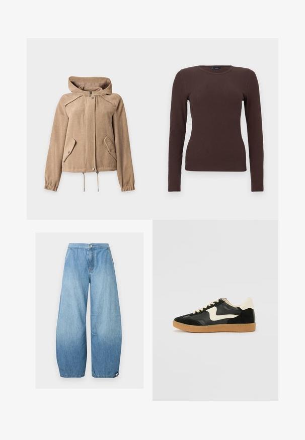 Veste à capuche en velours côtelé beige avec fermeture éclair sur le devant, fermeture par boutons-pression, deux poches à rabat inclinées, ourlet à cordon de serrage et poignets élastiques.; Haut marron à manches longues côtelées, ajusté, col rond, avec une petite étiquette GAP au niveau du col, présenté sur un fond blanc.; Jean denim bleu clair à jambes larges avec poches avant, fermeture par bouton et ourlets réglables par cordon.; Baskets en daim et cuir noir avec un swoosh latéral crème et un talon crème clair. Dotées de lacets beige et d'une semelle en caoutchouc gomme.