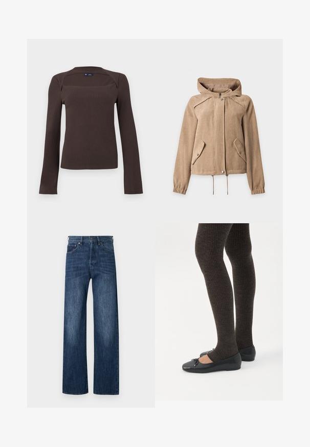 Veste à capuche en velours côtelé beige avec fermeture éclair sur le devant, fermeture par boutons-pression, deux poches à rabat inclinées, ourlet à cordon de serrage et poignets élastiques.; Haut à manches longues côtelé de couleur marron foncé avec un col carré et un léger détail de col, étiquette taille petite de GAP, présenté sur un fond uni.; Jean en denim bleu à jambes larges avec une texture lisse, conception à cinq poches et fermeture par bouton. Présente des zones légèrement délavées pour plus de détails.; Jambes portant des leggings côtelés foncés associés à des ballerines noires avec de petits détails en nœud sur fond blanc.
