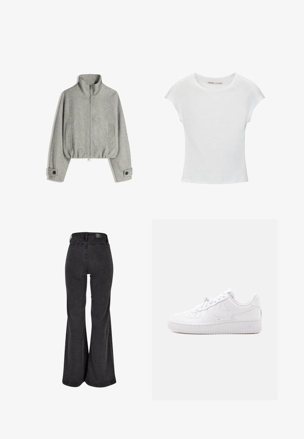 Veste polaire grise ajustée, à col montant, fermeture éclair avant et deux poches latérales. Comprend des poignets à boutons et un tissu texturé.; T-shirt en coton blanc avec manches courtes retroussées, encolure ronde et ourlet droit. Texture lisse sans motifs ni accents visibles.; Jean évasé noir avec une texture lisse, taille haute et un patch de marque à l'arrière. Dispose d'un design à jambe large et d'une coutures renforcées.; Basket basse blanche avec embout perforé, fermeture à lacets, semelle texturée et un logo Swoosh discret sur le côté.