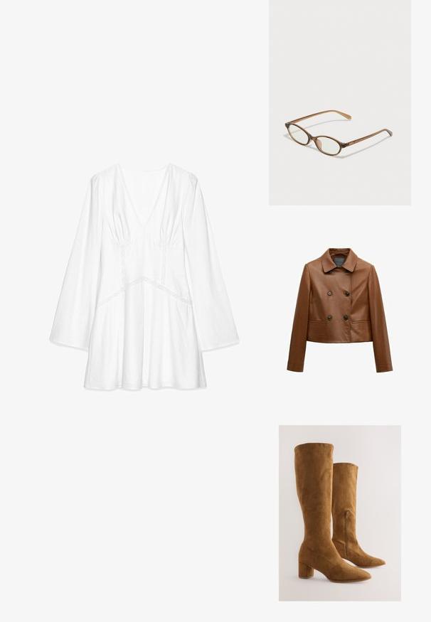 Veste courte en cuir marron avec boutons noirs croisés, col classique, manches longues et poches fendues à l'avant.; Blouse blanche à manches longues avec un col en V, détails froncés aux épaules, accents en dentelle et coupe décontractée, fabriquée en tissu léger.; Bottes montantes en suède marron avec bout pointu, talon carré et fermeture zippée latérale. Texture lisse et coutures nettes.; Lunettes en écaille de tortue marron avec des verres ovales, des branches fines et des accents transparents. Présente un logo subtil sur la branche. Design élégant et léger.