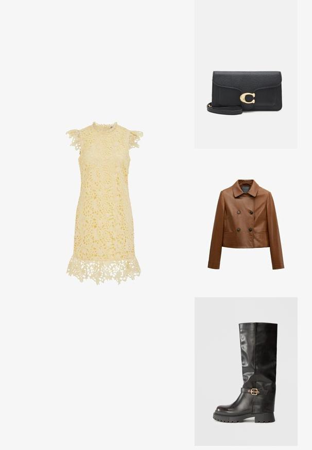 Veste courte en cuir marron avec boutons noirs croisés, col classique, manches longues et poches fendues à l'avant.; Robe sans manches en dentelle crème avec motifs floraux, ourlet volanté et petit détail à volants sur les découpes des épaules.; Botte noire en cuir haute avec semelle crantée épaisse et sangle décorative à la cheville avec une boucle carrée en métal doré, présentée sur un fond uni.; Portefeuille en cuir noir avec une finition texturée, doté d'un fermoir en métal doré et d'une bandoulière amovible. Forme compacte et rectangulaire avec des accents cousus.