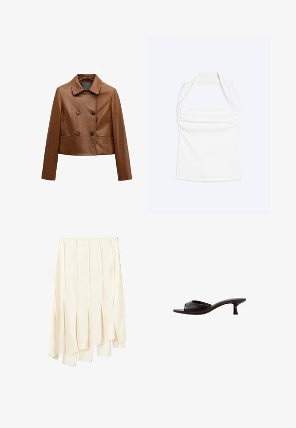 Veste courte en cuir marron avec boutons noirs croisés, col classique, manches longues et poches fendues à l'avant.; Haut blanc à col licou avec encolure droite et détails froncés sur la poitrine, présenté sur un fond uni clair.; Jupe plissée crème asymétrique avec un ourlet irrégulier, avec de longs plis verticaux créant des panneaux superposés.; Sandale mule noire à bout ouvert avec un talon bas courbé et une tige en cuir lisse sur fond blanc.