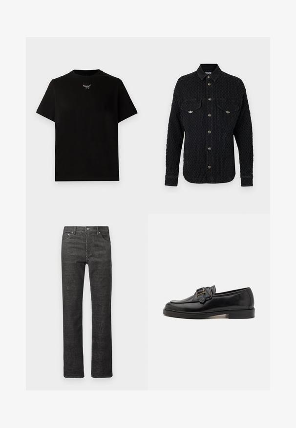 Schwarzes, strukturiertes Hemd mit langen Ärmeln, zwei Brusttaschen und silberfarbenen Knöpfen entlang der Vorderseite. Hergestellt aus gewebtem Stoff mit einem klaren Design.; Schwarzes Baumwoll-T-Shirt mit kurzen Ärmeln, Rundhalsausschnitt und einem silbernen Logo-Detail auf der Brust. Glatte Textur und lockere Passform.; Schwarze Cordstoff-Jeans im Straight-Leg-Schnitt mit Front- und Gesäßtaschen, Gürtelschlaufen und Knopfverschluss auf weißem Hintergrund.; Schwarze Leder-Lederschuhe mit abgerundeter Zehenpartie und dekorativem Schnallenakzent. Flacher, solider Absatz und durchgehend glatte Oberfläche.