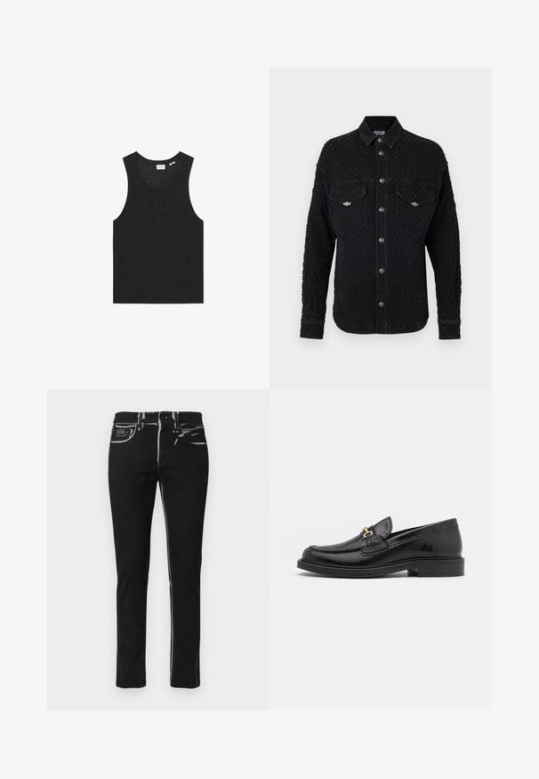 Camisa negra de textura con mangas largas, dos bolsillos en el pecho y botones plateados de tamaño mediano a lo largo del frente. Hecha de una tela tejida con un diseño estructurado.; Top negro sin mangas con un patrón texturizado y un cuello redondo. Fabricado con un material de punto ligero.; Vaqueros de mezclilla negra con un ajuste slim, con costuras blancas, diseño de cinco bolsillos y una etiqueta en el bolsillo trasero.; Mocasines de cuero negro con punta redondeada, que cuentan con un detalle de herrajes dorados y costuras, situados sobre una suela de goma texturizada y baja.