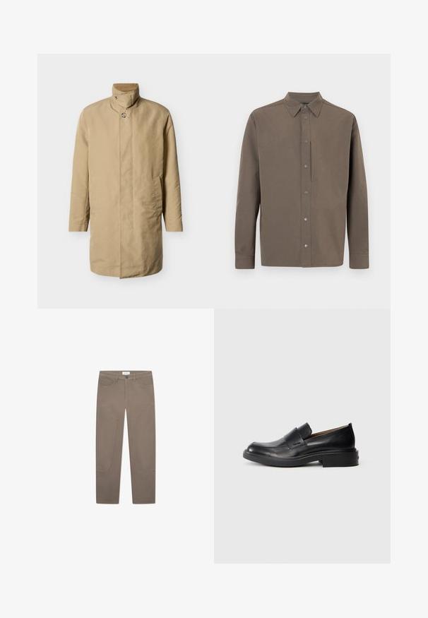 Beige midlængde herrejakke med høj krave, knaplukning og to sidelommer på ensfarvet lyst baggrund.; Brun langærmet skjorte med spids krave, lynlåslukning med trykknapper og minimalistisk design. Stoffet virker glat med en mat finish.; Brune bukser med lige snit, der har forlommer og accentuerende syninger langs siderne for ekstra detaljer og tekstur.; Sorte læder slip-on dress sko med lav hæl og subtil Calvin Klein logo på siden, vist i profil på en hvid baggrund.