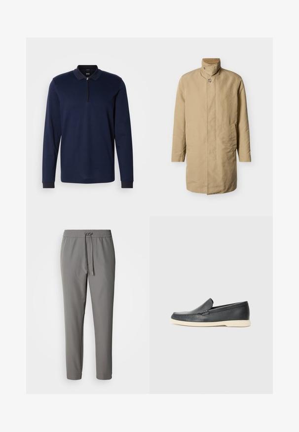Beige mid-length herenjas met hoge kraag, knoopsluiting en twee zijzakken tegen een effen lichte achtergrond.; Marineblauwe longsleeve polo met een ritskraag, textuurstof en contrasterende donkere kraagafwerking. Heeft fitted manchetten en een subtiel patroon.; Lichte grijze broek met een elastische tailleband en verstelbare trekkoord, uitgevoerd met een rechte pijp en omgeslagen zomen.; Zwarte leren instapper loafer met beige zool, zwevend in de lucht nabij een metalen draad tijdschriftenrek op een terrazzo vloer.