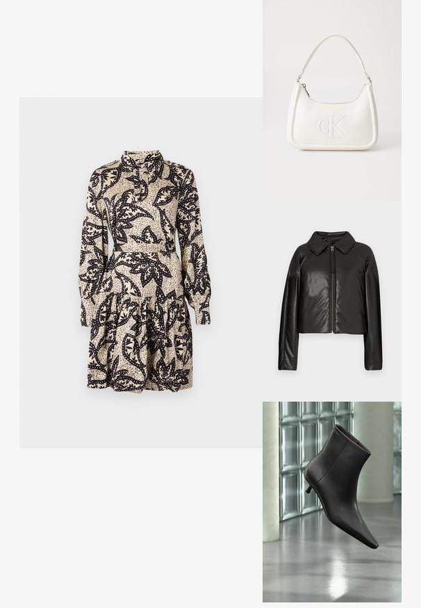 Chaqueta corta de imitación piel negra con cuello con solapa y cierre de cremallera. Presenta mangas largas y una textura suave y brillante.; Vestido de estampado floral en crema y negro, con cuello tipo chal, mangas largas y un dobladillo en volantes en capas. Fabricado en un tejido suave.; Bota de cuero negro para el tobillo con puntera puntiaguda y tacón pequeño, exhibida frente a una pared de bloques de vidrio y un suelo pulido.; Bolso de mano de cuero blanco con forma curvada, con un logo "CK" en relieve en la parte delantera y una sola correa para el hombro. Cierre de cremallera en la parte superior.
