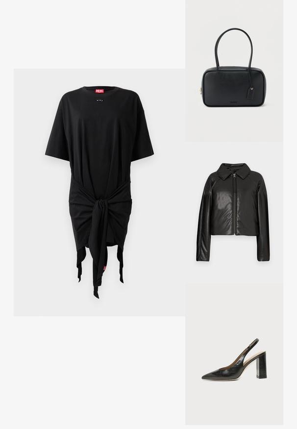 Chaqueta corta de imitación piel negra con cuello con solapa y cierre de cremallera. Presenta mangas largas y una textura suave y brillante.; Vestido de camiseta de algodón negro con mangas cortas, que presenta un detalle de nudo en la cintura y una etiqueta de logo. Textura suave y corte holgado.; Zapato slingback de piel negra con puntera puntiaguda, tacón alto y ancho, y forro interior beige sobre un fondo claro y liso.; Bolso rectangular negro con asas dobles redondeadas, cremallera dorada y logo "HUGO" en relieve en el frente con etiqueta de cuero adjunta.