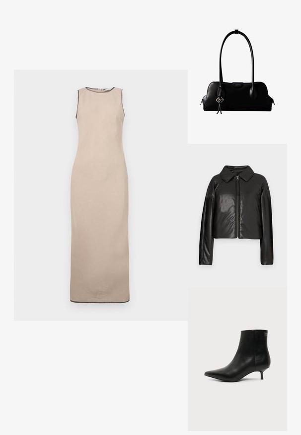 Veste cropped en simili cuir noir avec un col et fermeture zippée. Dispose de longues manches et d'une texture lisse et brillante.; Robe maxi sans manches beige avec une texture lisse, présentant un décolleté rond et une discrète bordure noire le long des bords.; Bottine en cuir noir avec bout pointu et petit talon kitten sur fond clair, vue côté extérieur.; Sac à main en cuir noir Calvin Klein avec de longues anses, une étiquette logo à l'avant et un charme géométrique argenté suspendu à une anse.