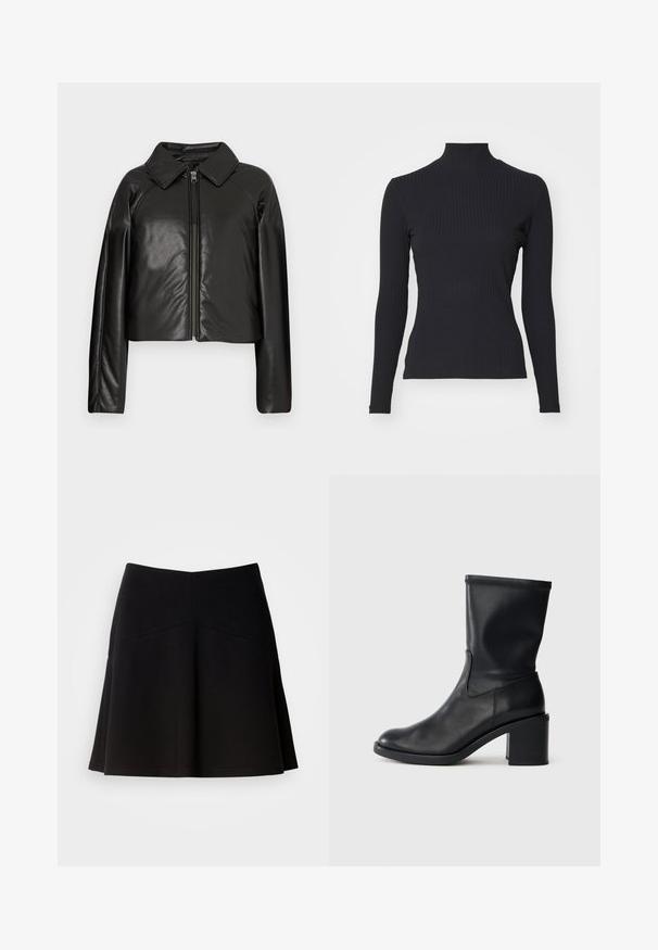 Sort kunstlæder cropped jakke med krave og lynlåslukning. Har lange ærmer og en glat, blank tekstur.; Sort ribbet turtle-sweater med lange ærmer. Lavet af strækbart stof med en tætsiddende pasform og høj krave. Enkel design uden udsmykninger.; Sort flagrende nederdel lavet af blødt stof, med en tætsiddende talje og sømdetaljer. Glat tekstur med et enkelt, klassisk design.; Sort læder ankelstøvle med rund tå, glat tekstur og en grov hæl, der har et tætsiddende skaft og subtil syning.