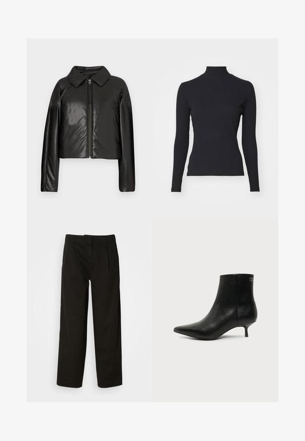Schwarze Kunstleder-Cropped-Jacke mit Kragen und Reißverschluss. Mit langen Ärmeln und glatter, glänzender Textur.; Schwarzes, geripptes Rollkragenoberteil mit langen Ärmeln. Aus dehnbarem Stoff mit figurbetonter Passform und hohem Kragen. Einfaches Design ohne Verzierungen.; Schwarze Baumwollhosen mit lockerer Passform, zwei vorderen Fältchen, geradem Bein-Design und ohne sichtbare Beschläge.; Schwarzer Leder-Knöchel-Stiefel mit spitzer Spitze und niedrigem Kittenabsatz vor hellem Hintergrund, seitliche Ansicht.