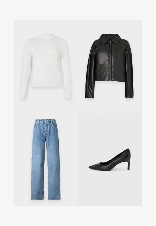 Sort kunstlæder cropped jakke med krave og lynlåslukning. Har lange ærmer og en glat, blank tekstur.; Hvid langærmet bluse med høj mock neck. Ribbet tekstur med en tætsiddende pasform. Søm detaljer skaber et struktureret udseende.; Lyseblå denimjeans med højt liv, bred benåbning, fem-knaps lukning og bæltestropper. Stoffet har en glat tekstur med minimal falming.; Sort læderhøjhælet pumpe med spids tå og slank, mellemhøj hæl på en ensartet lys grå baggrund.