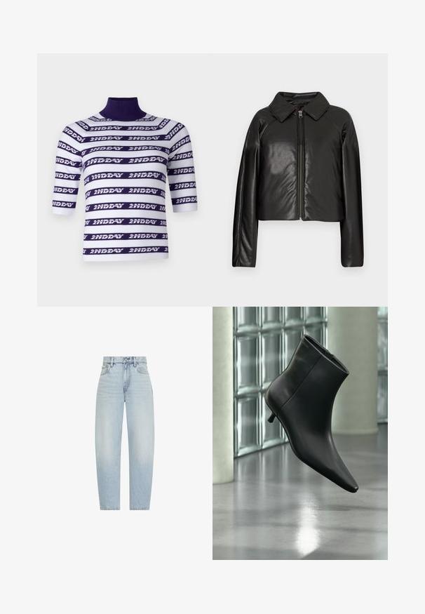 Veste cropped en simili cuir noir avec un col et fermeture zippée. Dispose de longues manches et d'une texture lisse et brillante.; Top en tricot à manches courtes avec un col montant, présentant des rayures horizontales blanches et violettes ornées du texte "2ND DAY."; Jean bleu clair taille haute à jambes droites, avec bouton avant, fermeture éclair, passants de ceinture et poches avant et arrière.; Bottine en cuir noir à bout pointu et petit talon kitten, présentée en angle devant un sol poli et un mur en blocs de verre.