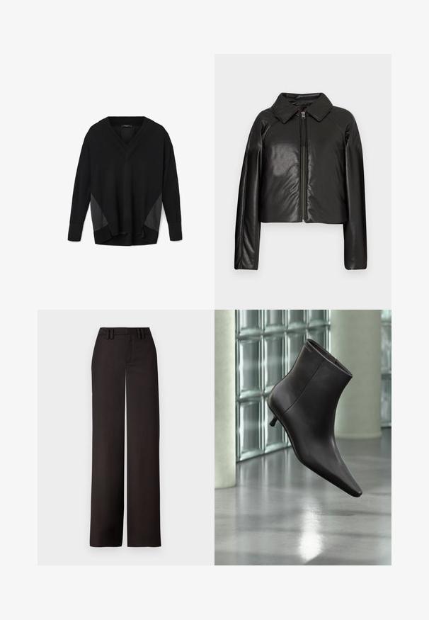 Chaqueta corta de imitación piel negra con cuello con solapa y cierre de cremallera. Presenta mangas largas y una textura suave y brillante.; Pulover negro de cuello en V y manga larga con puños y dobladillo acanalados, que presenta paneles laterales de aspecto satinado y un corte relajado, ligeramente más corto por delante que por detrás.; Pantalones anchos negros con una parte delantera plana, presillas para cinturón y una textura suave, diseñados para un ajuste entallado. Sin hardware ni patrones visibles.; Bota de cuero negro para el tobillo con puntera puntiaguda y tacón pequeño, exhibida frente a una pared de bloques de vidrio y un suelo pulido.