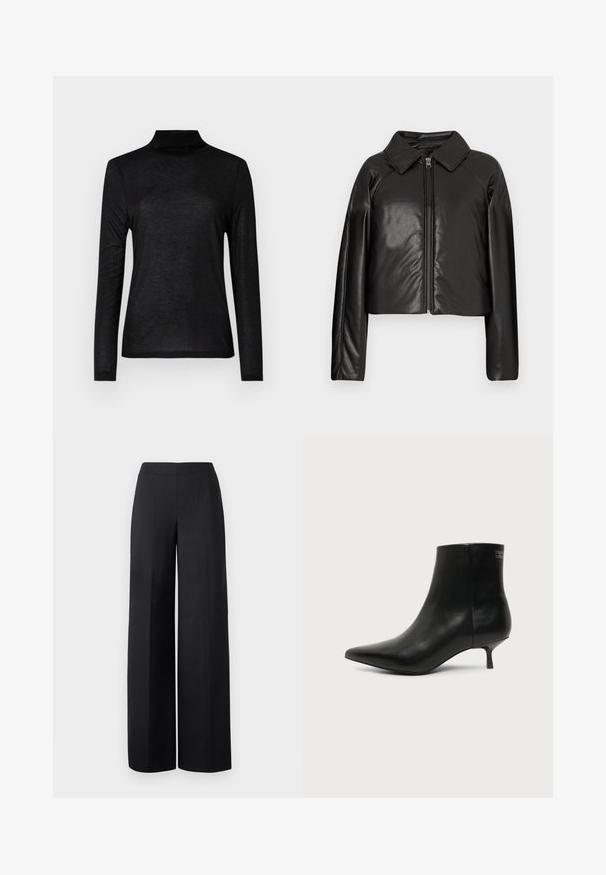 Sort kunstlæder cropped jakke med krave og lynlåslukning. Har lange ærmer og en glat, blank tekstur.; Sort langærmet turtleneck top lavet af et glat, let stof. Har en tætsiddende pasform med en høj halsudskæring og uden mønster.; Sorte brede benbukser lavet af glat stof. Har en høj talje og rene, lige linjer uden synlige lommer eller pynt.; Sort læder ankelstøvle med spids tå og lav kitten hæl på lys baggrund, der viser yderside.