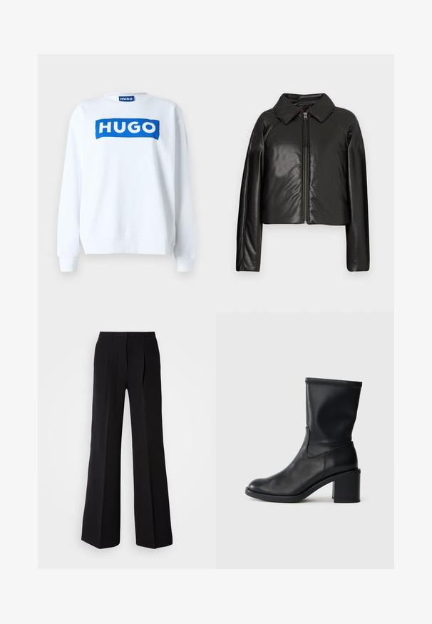 Schwarze Kunstleder-Cropped-Jacke mit Kragen und Reißverschluss. Mit langen Ärmeln und glatter, glänzender Textur.; Weißer Sweatshirt aus Baumwollmischung mit einem blauen "HUGO"-Logo auf der Vorderseite, Rundhalsausschnitt und gerippten Bündchen und Saum.; Schwarze Hose aus glattem Stoff, mit hohem Bund, weitem Schnitt und zwei vorderen Falten für zusätzlichen Designakzent.; Schwarze Leder-Ankle Boots mit runder Zehenform, glatter Oberfläche und dicker Absatz, ausgestattet mit einem eng anliegenden Schaft und subtilen Nähten.