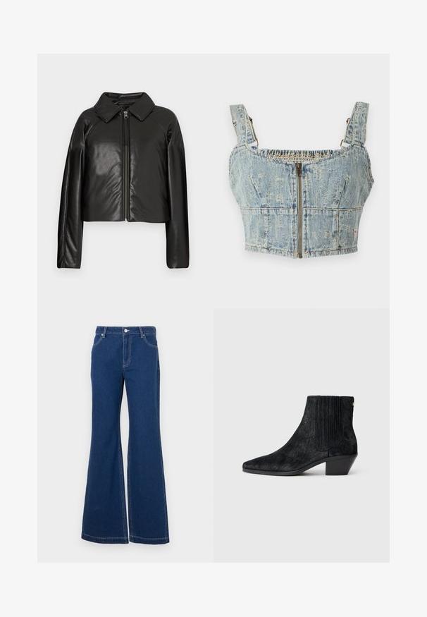 Zwarte faux leren cropped jack met een kraag en ritssluiting. Heeft lange mouwen en een soepele, glanzende textuur.; Denim crop top met een lichtblauwe wassing, voorzien van een ritsluiting, gesmokte achterkant en brede bandjes. Kenmerken zijn stiksels en lichte slijtage.; Donkerblauwe flared jeans van denim. Kenmerken zijn onder andere riemlussen, voorzakken en contrasterende stiksels. Brede broekspijpen.; Zwarte enkelboot met een spitse neus, textuur die lijkt op haar, ribbelpaneel aan de zijkant en een lage blokhak. Eenvoudig en modern ontwerp.