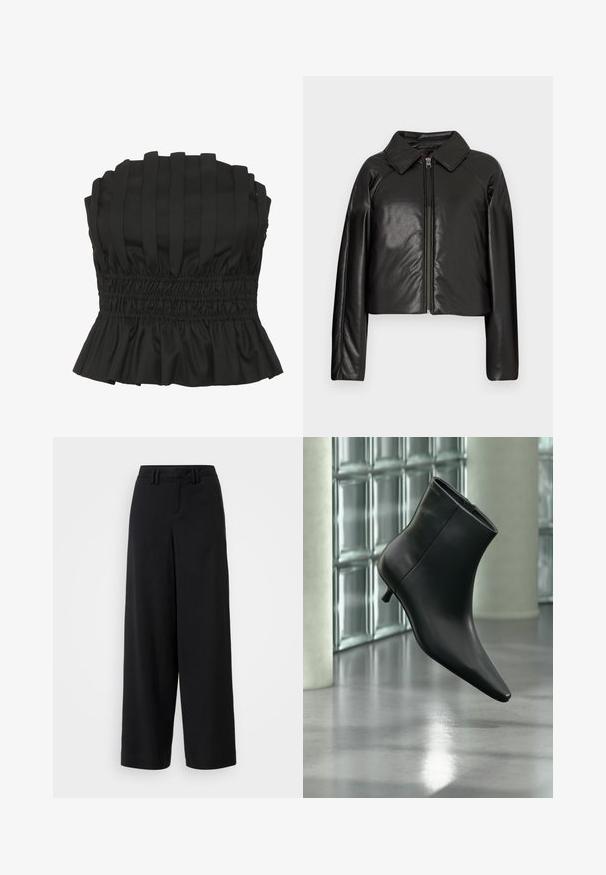 Sort kunstlæder cropped jakke med krave og lynlåslukning. Har lange ærmer og en glat, blank tekstur.; Sort strapless top med vertikale plisseringer, smocket talje og en bølget kant. Lavet af struktureret stof for en tætsiddende silhuet.; Sorte brede bukser lavet af glat stof, med en flad front, plisserede detaljer og bæltestropper i taljen.; Sort læderankelstøvle med spids tå og lav kitten-hæ, vist vinklet mod en poleret gulv- og glasblokvæg.