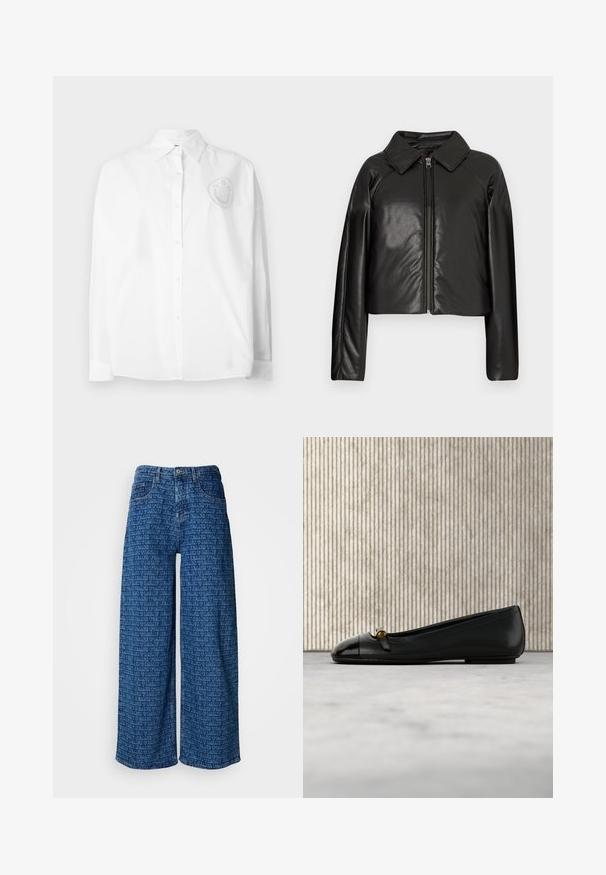 Veste cropped en simili cuir noir avec un col et fermeture zippée. Dispose de longues manches et d'une texture lisse et brillante.; Chemise blanche boutonnée avec un col classique, des manches longues et un motif de visage souriant brodé sur le côté gauche de la poitrine.; Jean en denim bleu à jambes larges avec un motif de logo embossé répété. Dispose d'un design classique à cinq poches et d'une fermeture à bouton.; Chaussure plate en cuir noir avec un bout brillant noir, une bride centrale avec un bouton doré et une texture lisse.