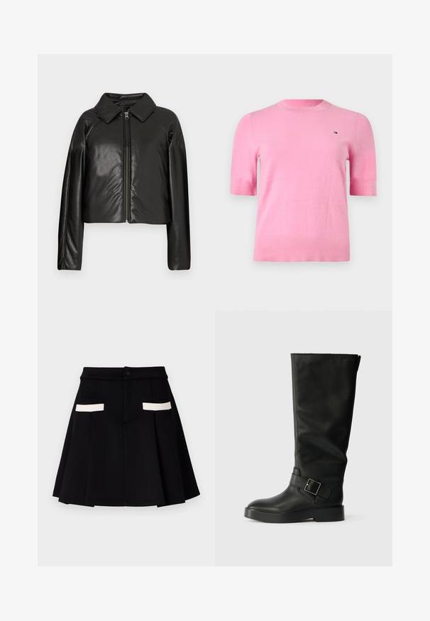 Sort kunstlæder cropped jakke med krave og lynlåslukning. Har lange ærmer og en glat, blank tekstur.; Pink strikbluse med korte ærmer, ribbet rund halsudskæring, lille flaglogo på brystet og diskrete strikkede detaljer på ærmer og kant.; Sort nederdel med en udsvinget design, der har to frontlommer med hvide detaljer, en knaplukning, og en glat stoftekstur.; Sorte knæhøje støvler lavet af glat læder, med rund tå, en tyk sål og et vandret rem med en rektangulær spænde detalje.