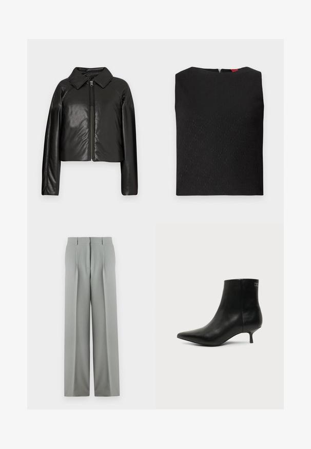 Zwarte faux leren cropped jack met een kraag en ritssluiting. Heeft lange mouwen en een soepele, glanzende textuur.; Zwarte mouwloze top met een gestructureerd patroon, vierkante halslijn en een rits aan de achterkant. Bevat subtiele logo-accenten in de stof geweven.; Lichtgrijze wijde trousers van soepel materiaal, met een hoge taille, geplooide voorkant en twee achterzakken met riemlussen.; Zwart leren enkellaars met puntige neus en lage kittenhak op lichte achtergrond, zijaanzicht buitenkant.