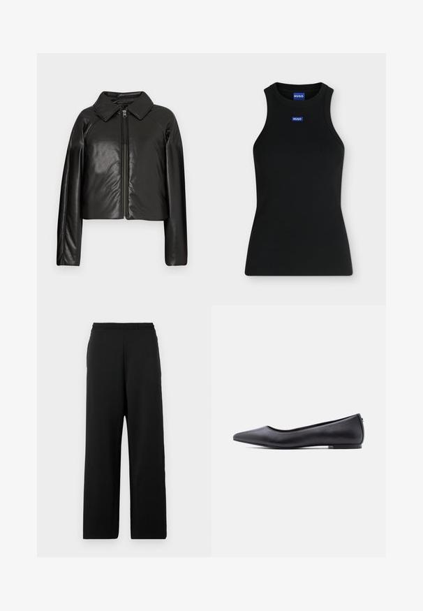 Zwarte faux leren cropped jack met een kraag en ritssluiting. Heeft lange mouwen en een soepele, glanzende textuur.; Zwarte mouwloze tanktop met ronde hals en klein blauw Hugo-logo op de borst en aan de binnenkant van de kraag.; Zwarte wijde broekspijpen van zacht materiaal, met een elastische tailleband en een gladde textuur zonder patronen of accenten.; Zwarte platte leren schoen met puntige neus en lage hak, zijaanzicht tegen een witte achtergrond.