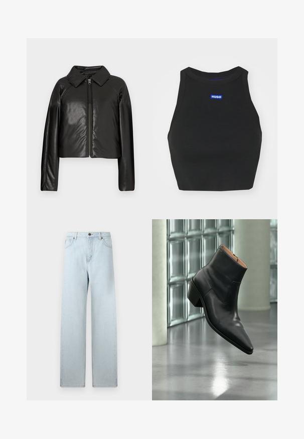 Čierna koženková skrátená bunda s golierom a zipsovým uzáverom. Má dlhé rukávy a hladký, lesklý povrch.; Čierny rebrovaný crop top s vysokým golierom, s modrým logom "HUGO" na prednej strane. Tkanina je textúrovaná a priliehavá.; Svetlomodré široké džínsy s vysokým pásom, prednými vreckami a zapínaním na gombík. Hladká denním textúra, minimálne vyblednutie, rovný strih.; Čierna kožená členková obuv s ostrou špičkou a blokovým podpätkom vznášajúca sa nad odrazovou sivou podlahou pri stene zo sklenených blokov.