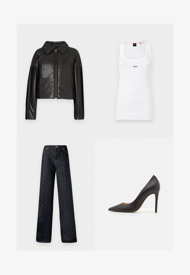 Sort kunstlæder cropped jakke med krave og lynlåslukning. Har lange ærmer og en glat, blank tekstur.; Hvid bomulds tanktop med ribbet tekstur, der har en rund halsudskæring og et lille sort broderet logo på forsiden.; Mørkeblå vidde jeans med et geometrisk mønster, lavet af denim. Har metalknap, lynlås og syninger på frontlommen.; Sort lædersko med høj hæl, spids tå, glat tekstur og slank stilet-hæl. Minimalistisk design uden synligt hardware.