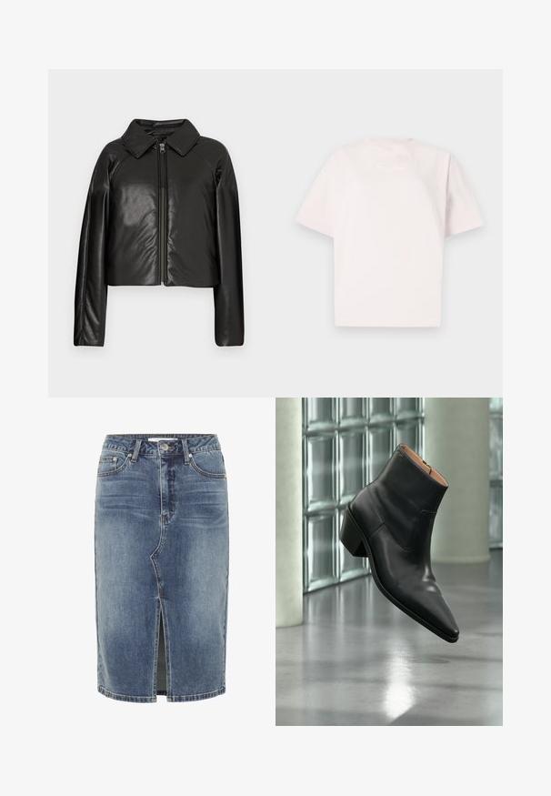 Sort kunstlæder cropped jakke med krave og lynlåslukning. Har lange ærmer og en glat, blank tekstur.; Lys pink kortærmet t-shirt lavet af bomuld, med rund halsudskæring og diskret hvidt trykt tekst på forsiden.; Blå denim nederdel i knælængde med central slids foran, fem-lomme design og knaplukning i taljen.; Sort læderankelstøvle med spids tå og blokhæl, der svæver over en reflekterende grå gulv nær en væg af glasblokke.