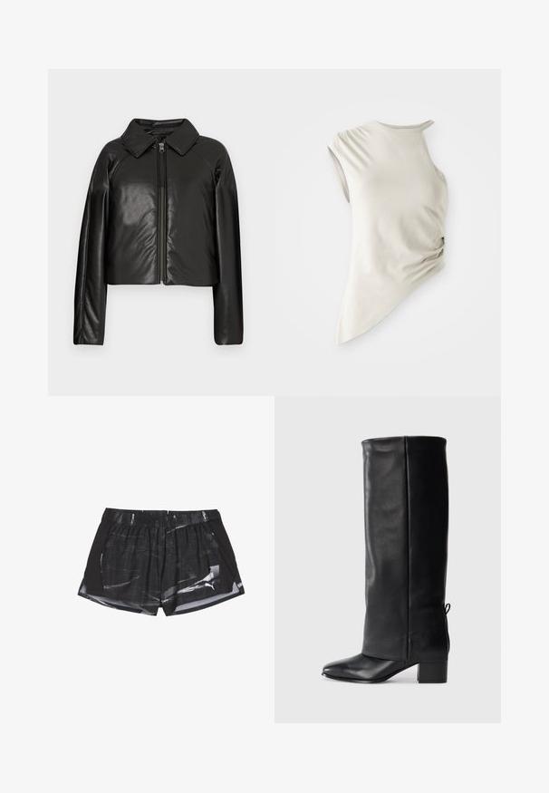 Zwarte faux leren cropped jack met een kraag en ritssluiting. Heeft lange mouwen en een soepele, glanzende textuur.; Asymmetrische mouwloze top in lichtbeige stof, met een ronde hals en geplooid detail aan de zijkant voor textuur.; Zwarte sportshorts met een grijs abstract patroon, elastische tailleband en zijopeningen voor ventilatie, gemaakt van lichtgewicht stof.; Zwarte leren kniehoogte laarzen met een gladde afwerking, vierkante neus, blokhak en zijstrikdetail voor een verstelbare pasvorm.