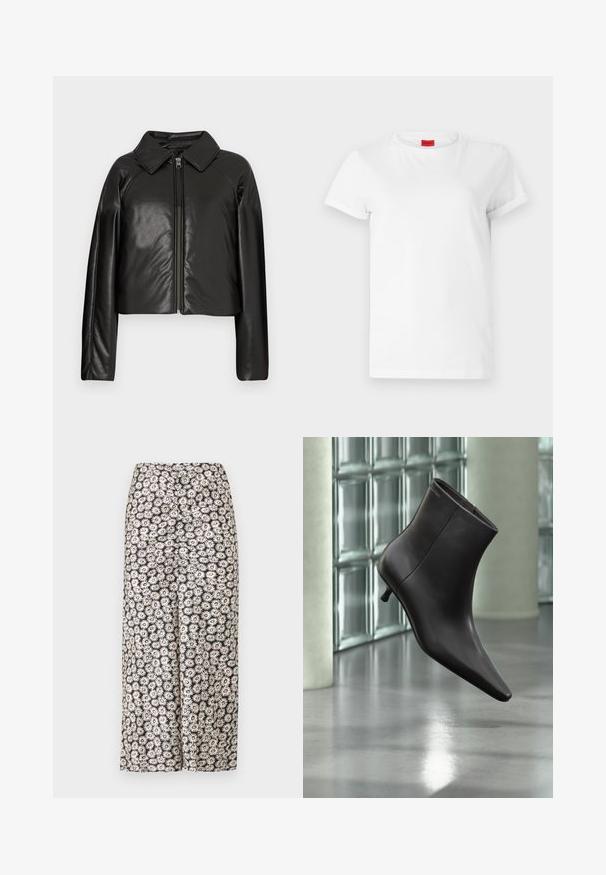 Veste cropped en simili cuir noir avec un col et fermeture zippée. Dispose de longues manches et d'une texture lisse et brillante.; T-shirt blanc à manches courtes en coton léger. Présente un col rond et des manches retroussées. Étiquette logo rouge sur le col.; Pantalons larges floraux avec un fond noir orné de marguerites blanches et d'accents rouges, fabriqués en tissu léger avec une texture lisse.; Bottine en cuir noir avec bout pointu et petit talon, présentée devant un mur en blocs de verre et un sol poli.
