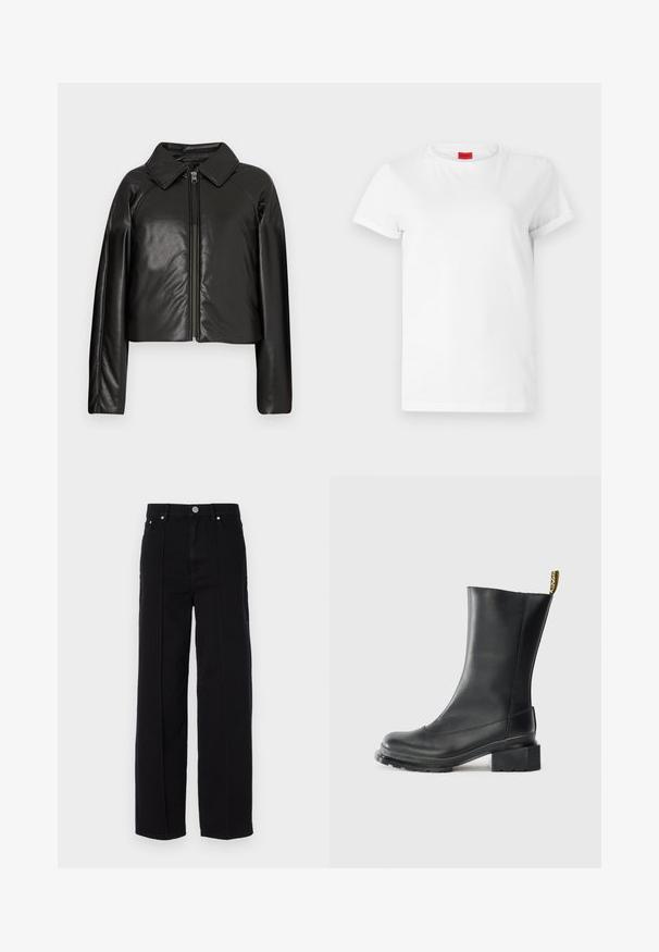 Sort kunstlæder cropped jakke med krave og lynlåslukning. Har lange ærmer og en glat, blank tekstur.; Hvid kortærmet t-shirt lavet af letvægts bomuld. Har en rund halsudskæring og rullede ærmer. Rød logoetiket på kraven.; Sorte denim bredde ben bukser med høj talje, der har fem lommer, metal knaplukning og lige søm detaljer langs siderne.; Sort læder ankelstøvle med blokhæl, glat tekstur, rund tå og en hælflap med gul branding.