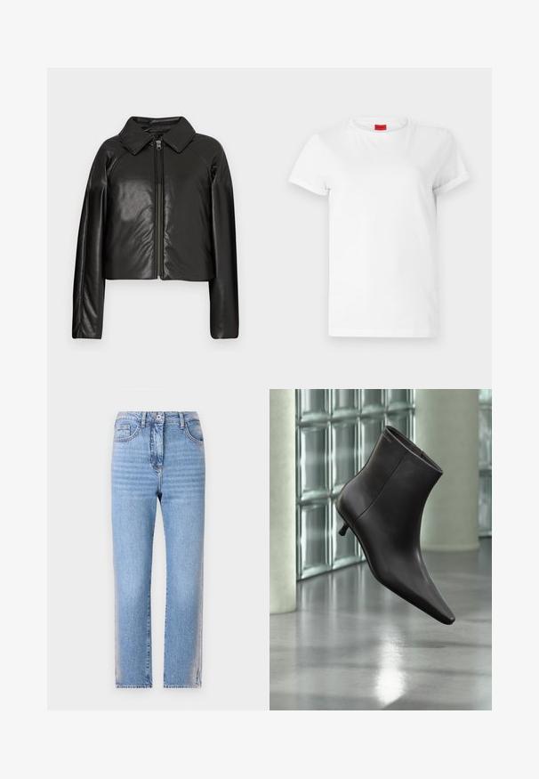Schwarze Kunstleder-Cropped-Jacke mit Kragen und Reißverschluss. Mit langen Ärmeln und glatter, glänzender Textur.; Weißes Kurzarm-T-Shirt aus leichtem Baumwollstoff. Hat einen runden Halsausschnitt und umgeschlagene Ärmel. Rotes Logo-Tag am Kragen.; Hellblaue Denim-Jeans mit geradem Schnitt, ausgestattet mit einem Knopf- und Reißverschluss, fünf Taschen und leicht verwaschenem Stoff an den Beinen.; Schwarzer Leder-Knöchelstiefel mit spitzer Spitze und kleinem Absatz vor einer Wand aus Glasbausteinen und einem polierten Boden.